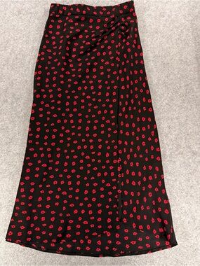Princess Polly Black Red Floral Wrap Midi Skirt Size 4 Side Slit